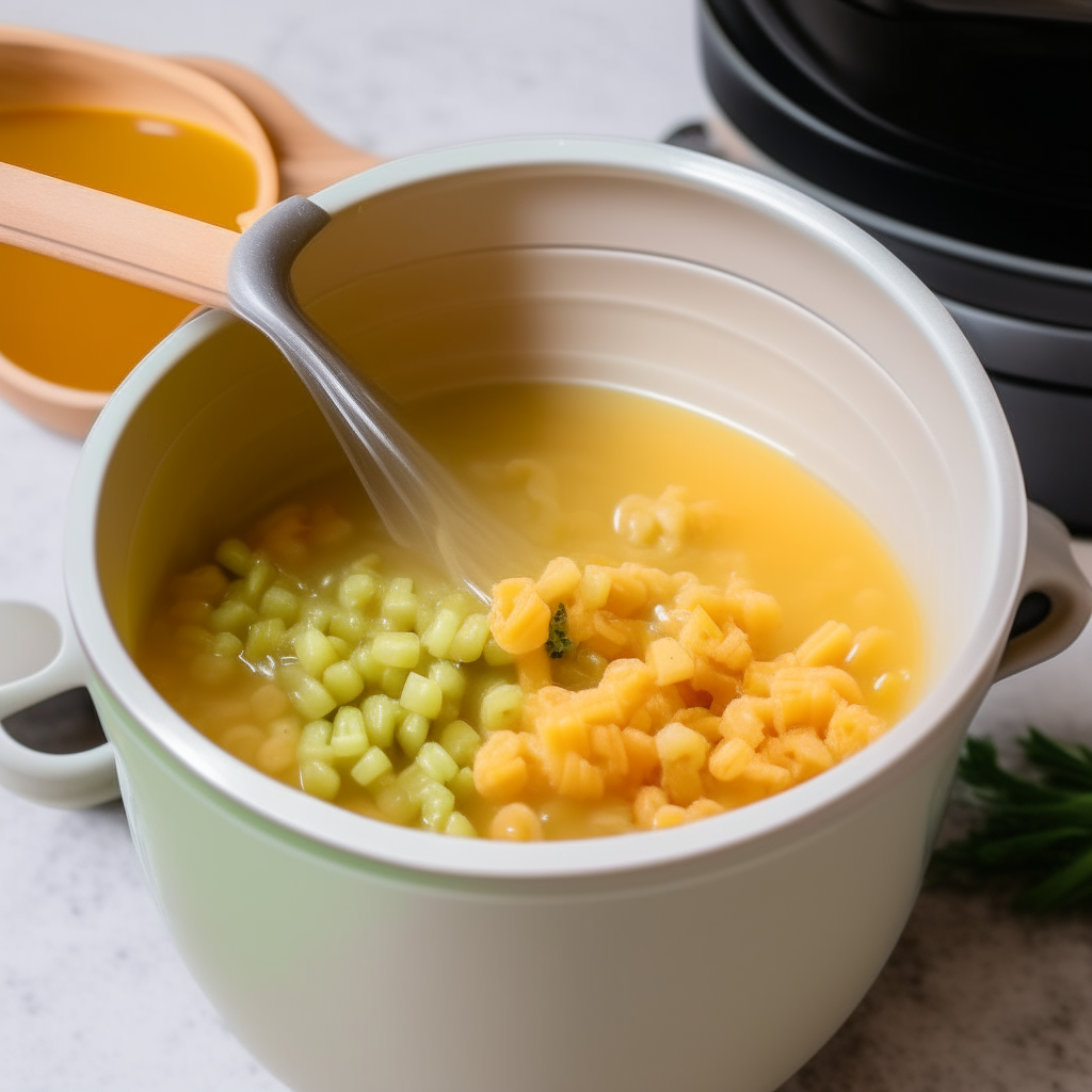 Elbow macaroni cooking in vegetable broth in an Instant Pot, step 1