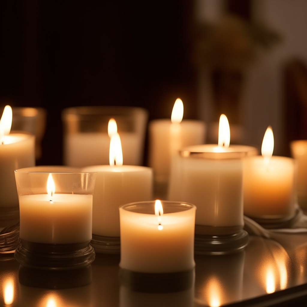 A close-up shot of a serene scene, with a set of elegantly arranged lit candles casting a warm glow. The candles placed in decorative holders, creating a visually pleasing composition with a calm, peaceful setting