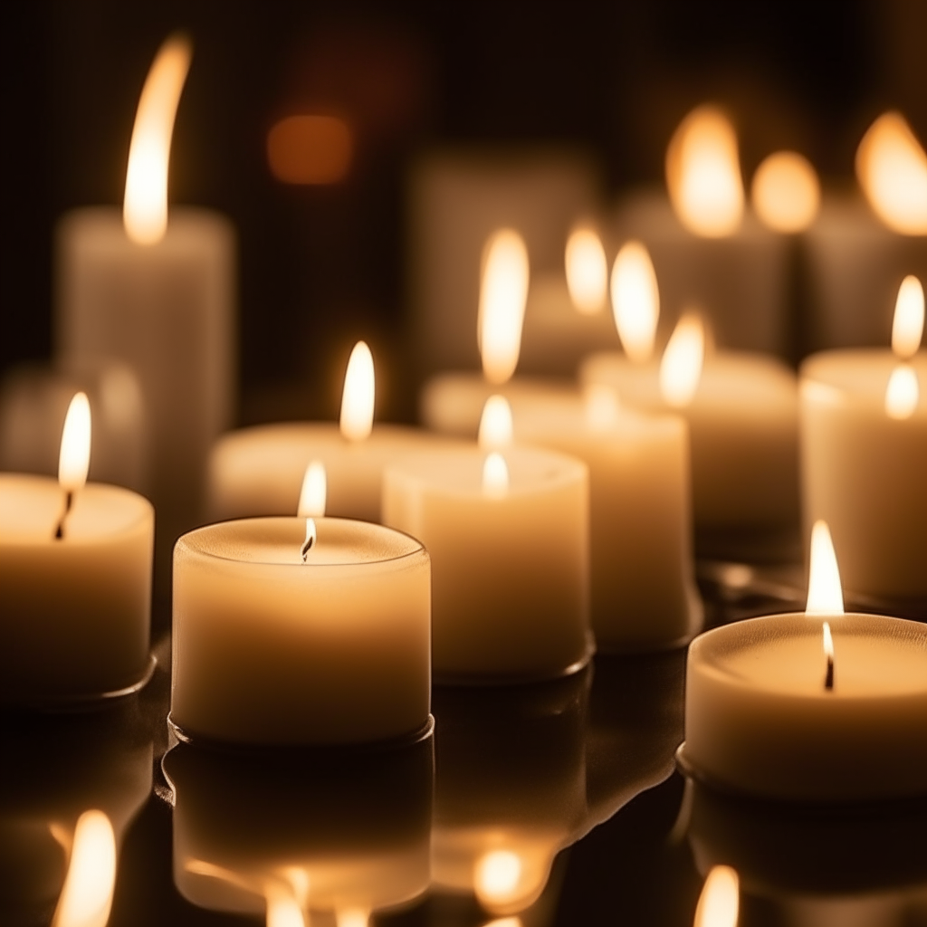 a close-up shot of lit candles elegantly arranged, casting a warm glow in a peaceful setting
