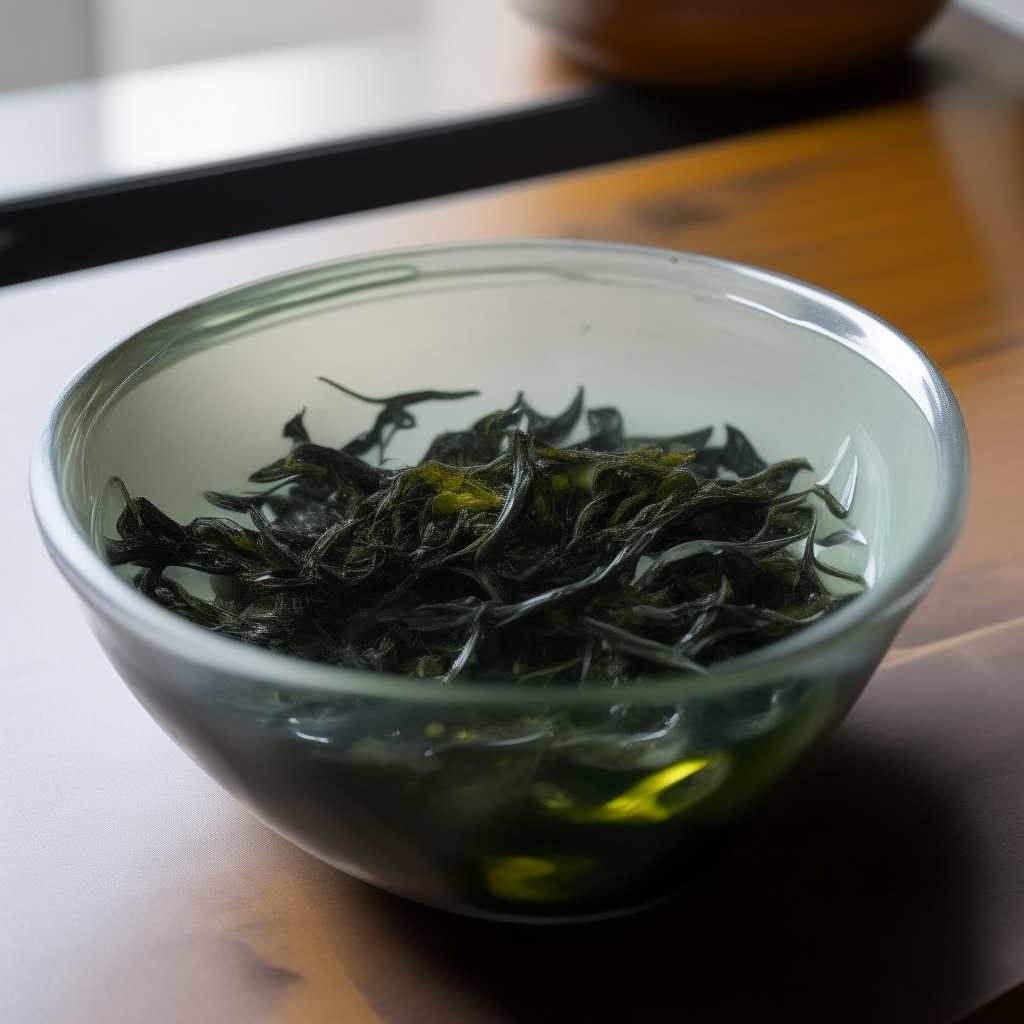 Rehydrating wakame seaweed in a bowl of water, step 1