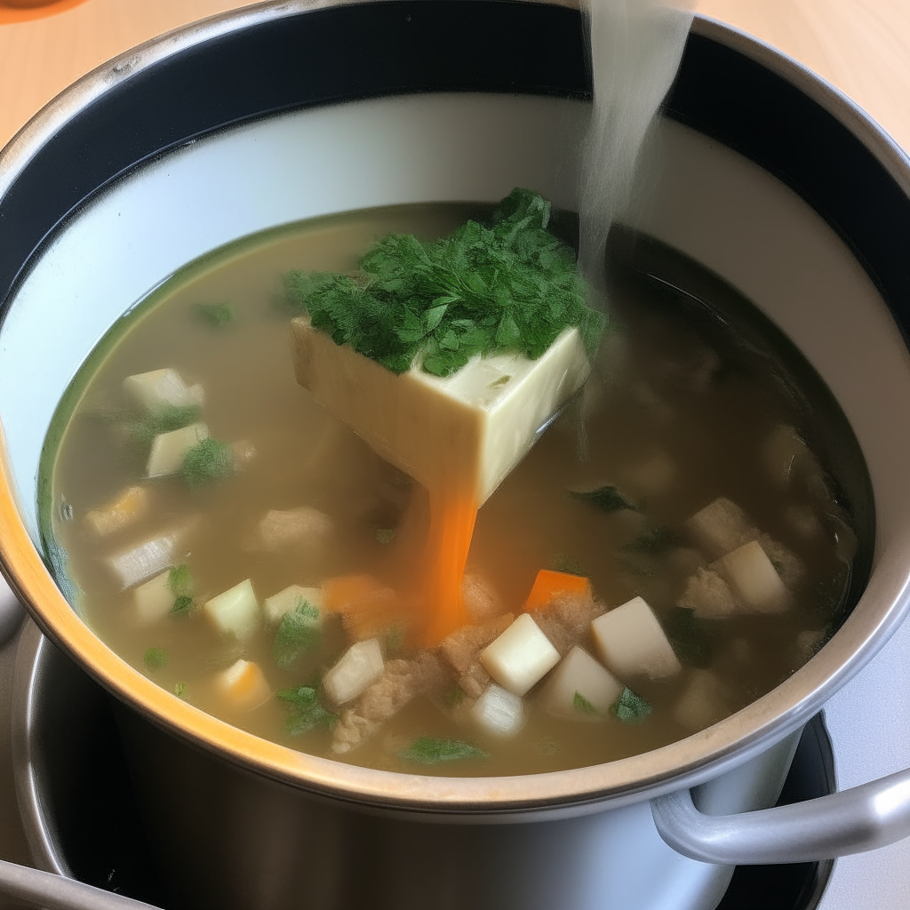 Tofu and vegetable broth added to pot, step 3