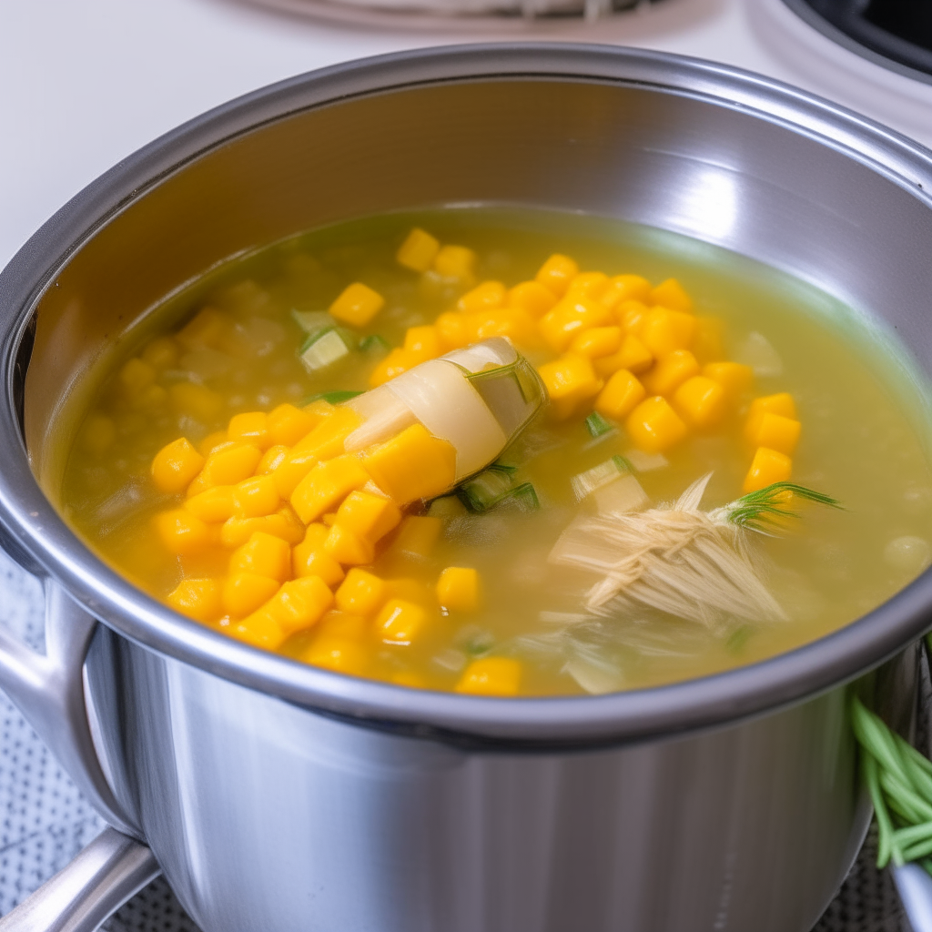 Vegetable broth and corn added before pressure cooking, step 4