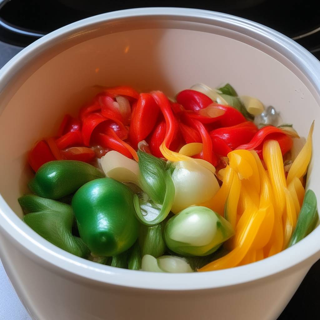 Onions, peppers, garlic sautéing in an Instant Pot, step 2