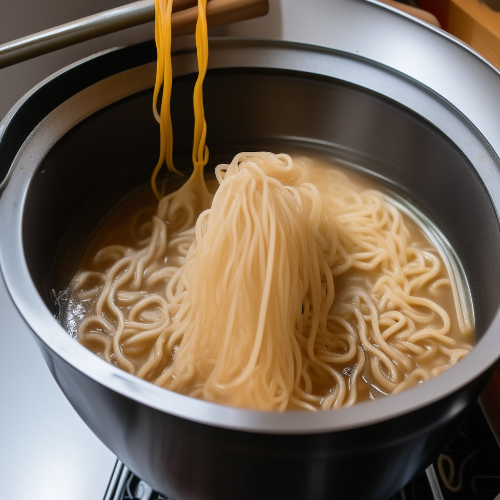 Lo mein noodles cooking in a separate pot of boiling water, step 2