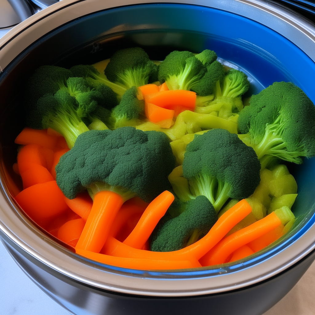 Bell peppers, carrots and broccoli sautéing in an Instant Pot, step 1