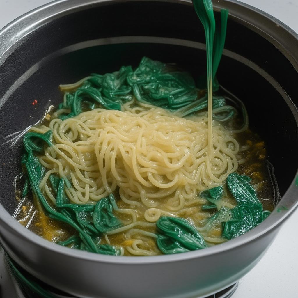 Noodles and spinach added to pot with soy sauce, step 3