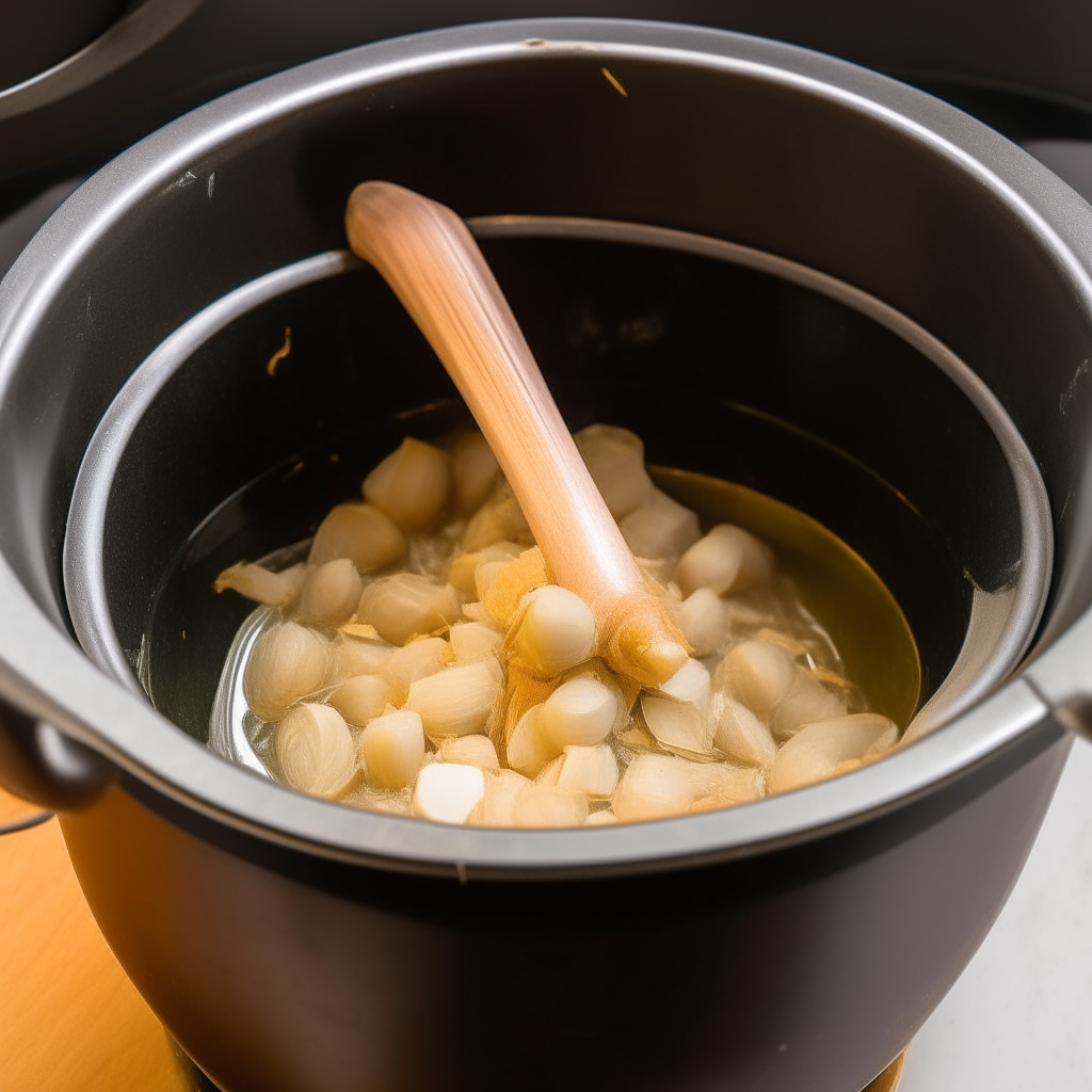 Onions, garlic and ginger sautéing in an Instant Pot, step 1