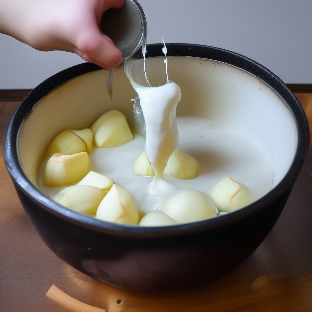 Coconut milk & water poured over potatoes, step 3