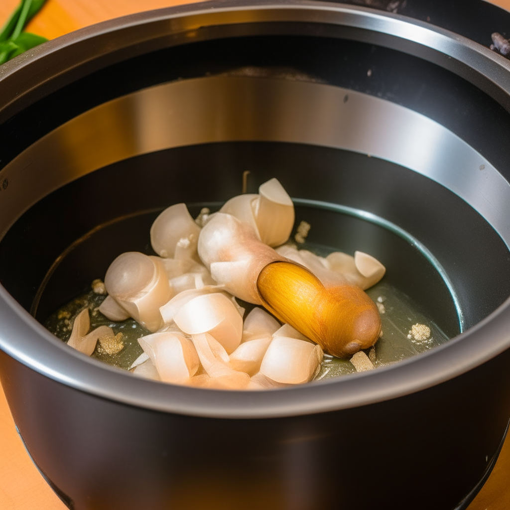 Onions, garlic and ginger sautéing in oil in an Instant Pot set to sauté mode, step 1