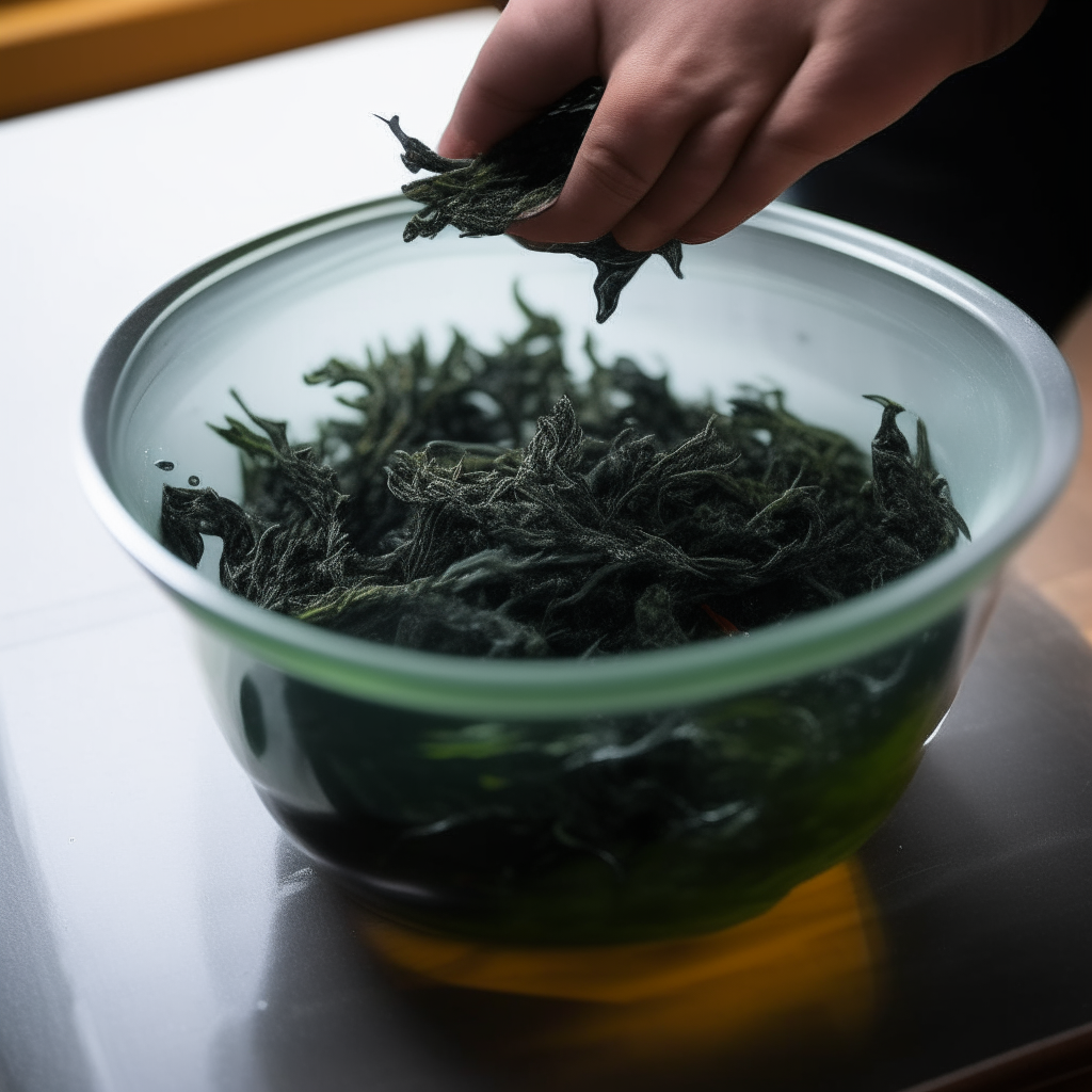 Rehydrating dried wakame seaweed in water, step 1