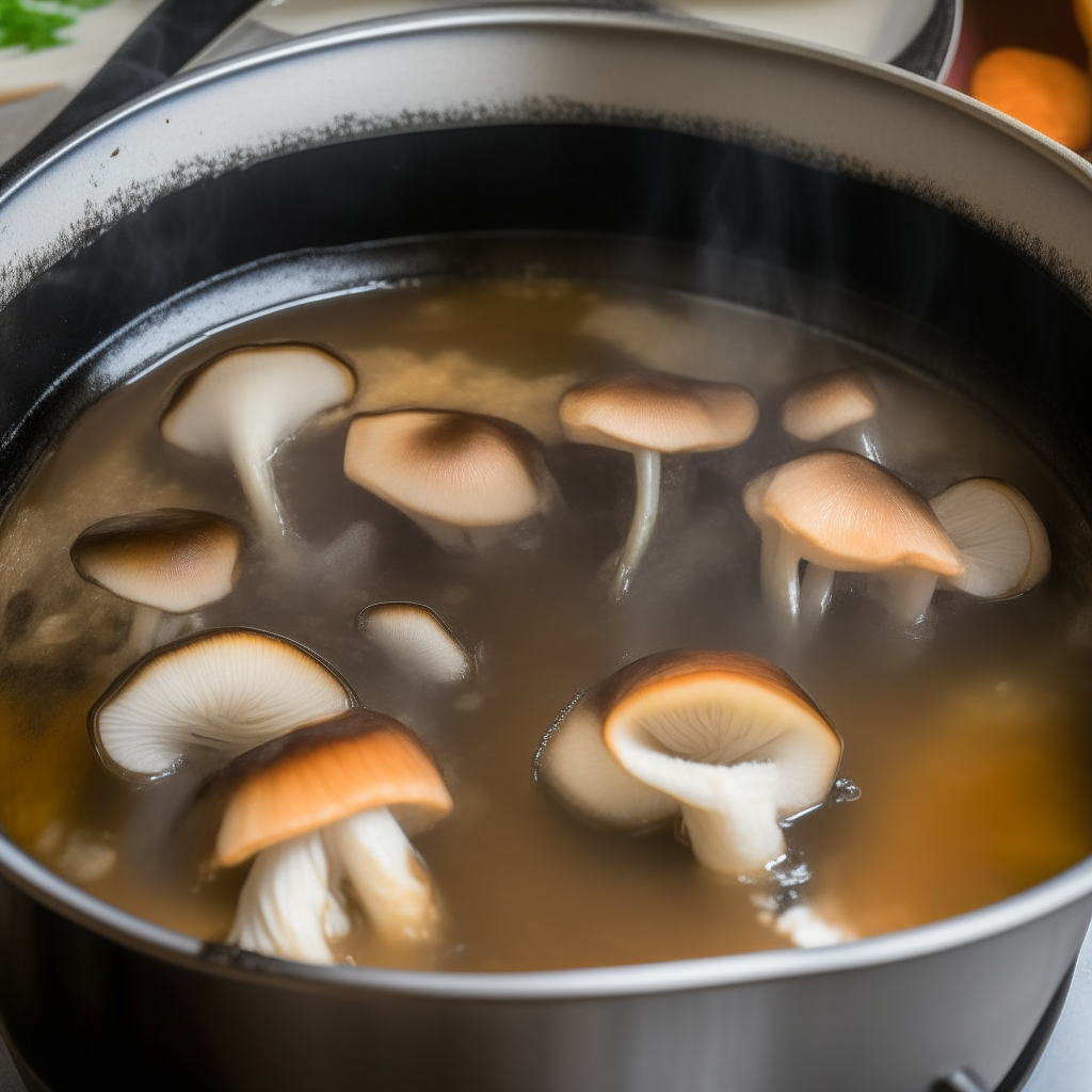 Shiitake mushrooms simmering in vegetable broth, step 3