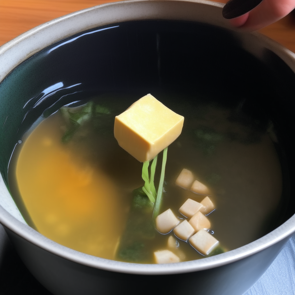 Miso paste stirred into broth with tofu & wakame, step 4