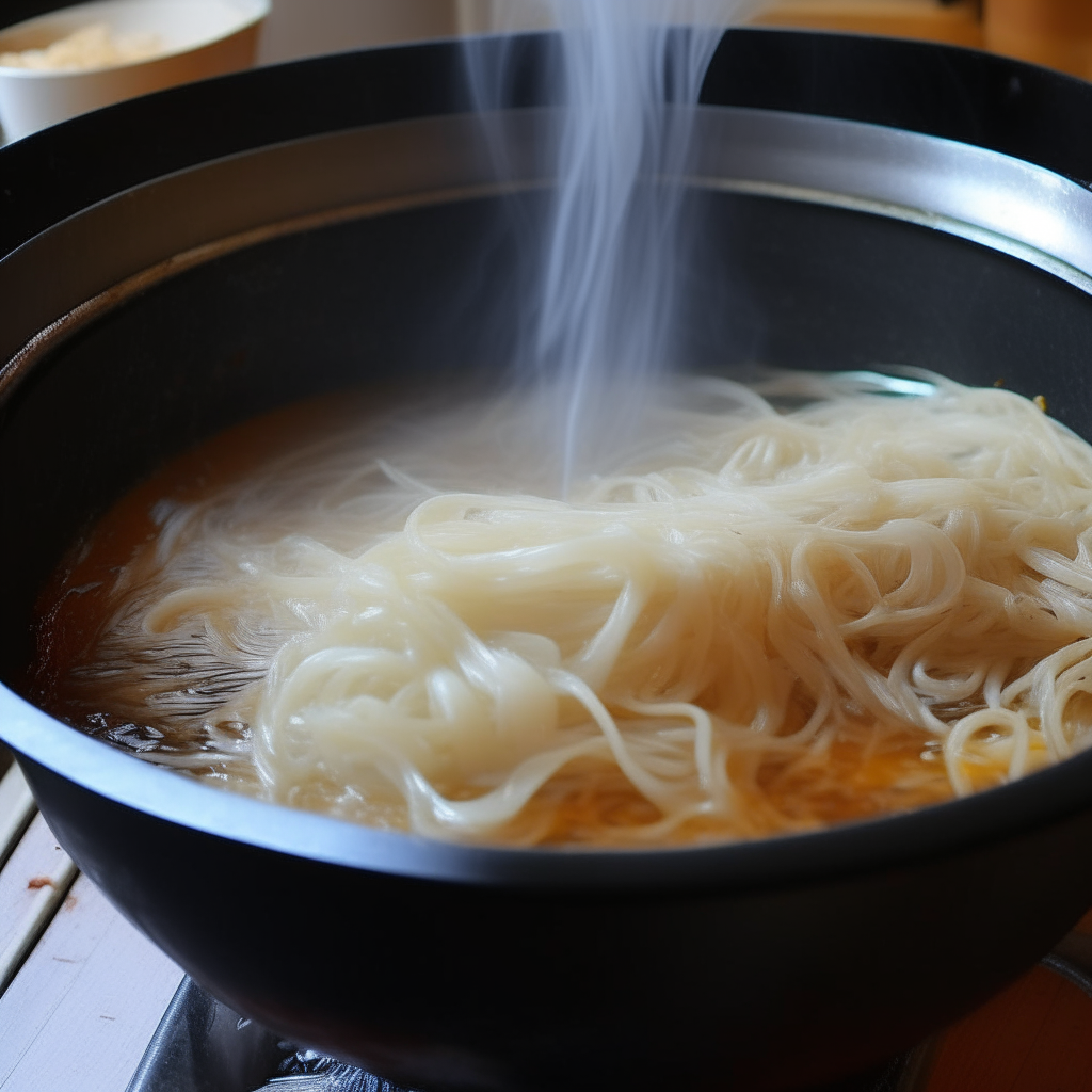 Rice noodles cooking until just tender, step 1