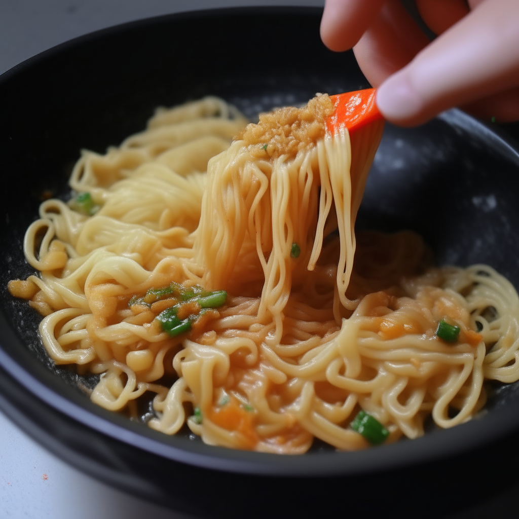 Noodles tossed with sauce and garnished, step 4