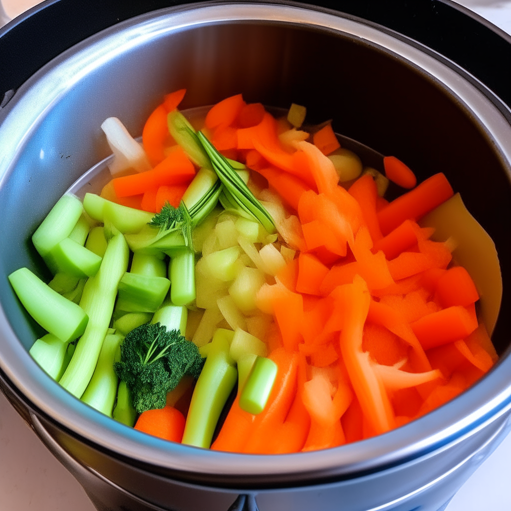 Onions, carrots, celery sautéing in an Instant Pot, step 1