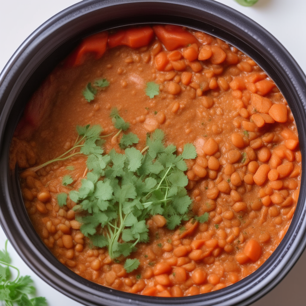 Lentils, crushed tomatoes, tomato paste, herbs and spices added to vegetables in an Instant Pot, step 2