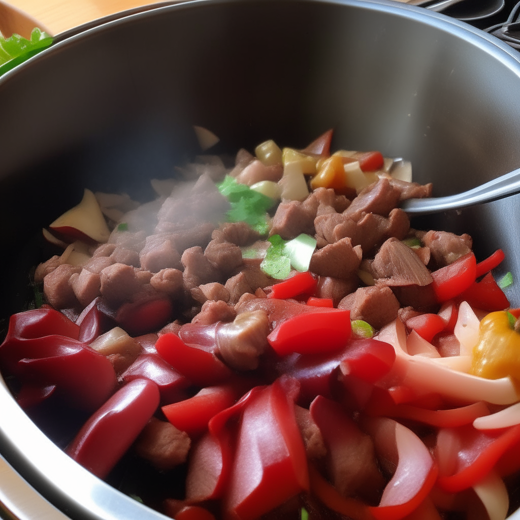 Onions, peppers, garlic sautéing with beef, step 2