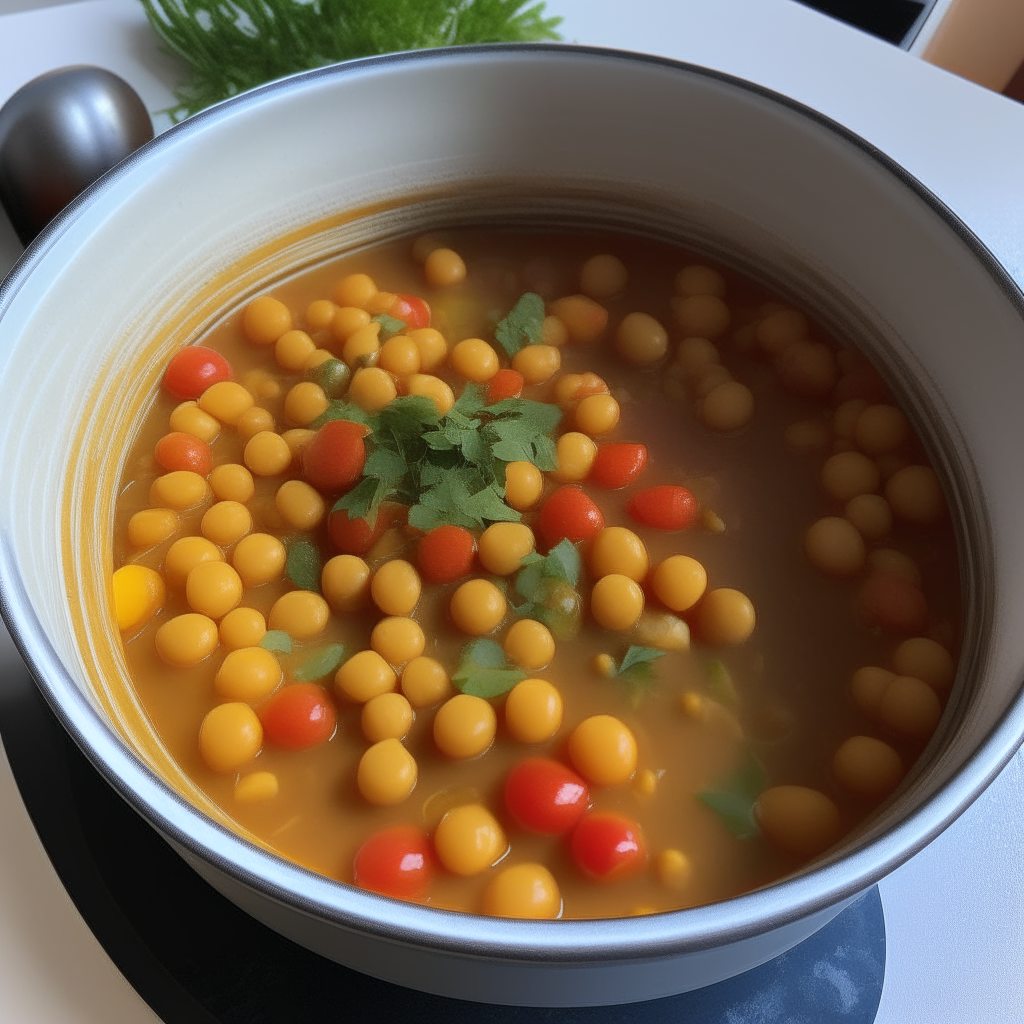 Tomatoes, chickpeas and broth added before pressure cooking, step 3