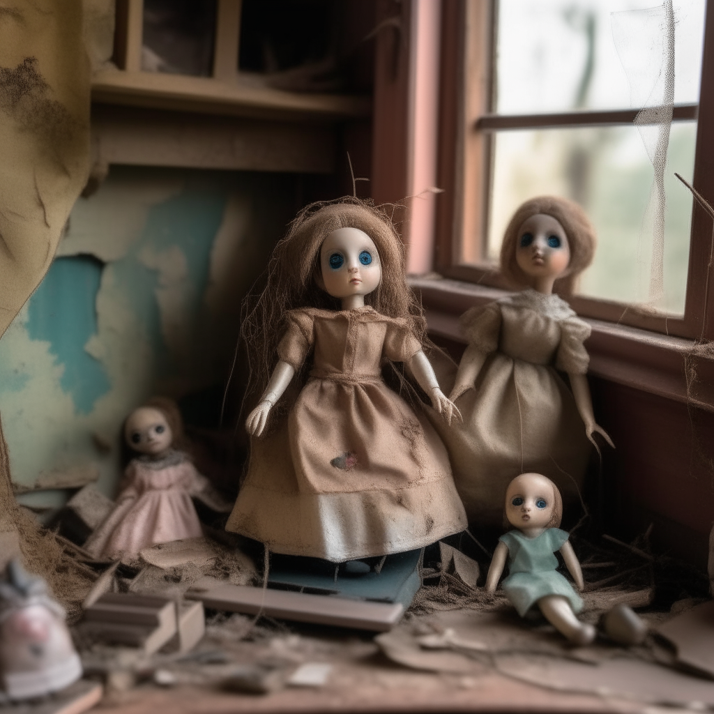 an old abandoned dollhouse with broken dolls and cobwebs inside, eerie scene