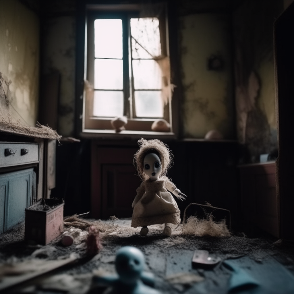 an old abandoned haunted dollhouse, broken dolls with missing limbs inside, cobwebs and dust covering the walls, eerie atmosphere, cinematic lighting