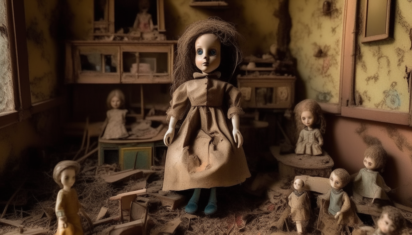 A creepy abandoned dollhouse with broken dolls and dust, titled The Dollhouse of Desolation