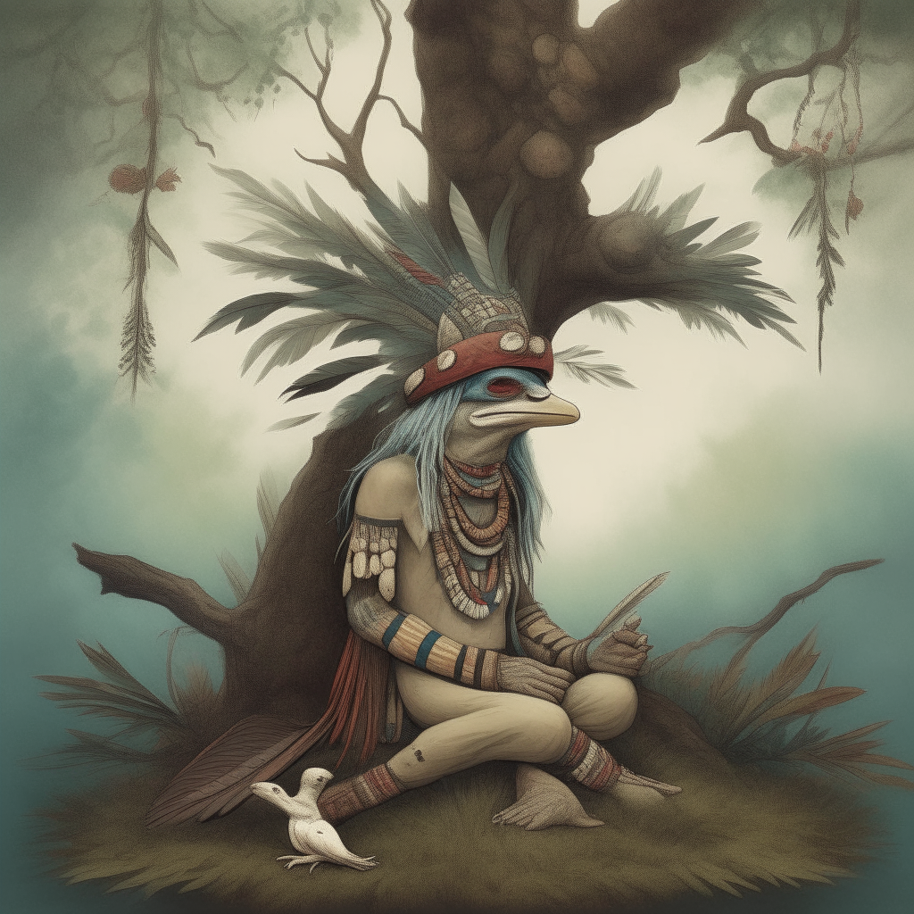 A lizard shaman sitting in meditation beneath a large tree, wearing a headdress of feathers and bones