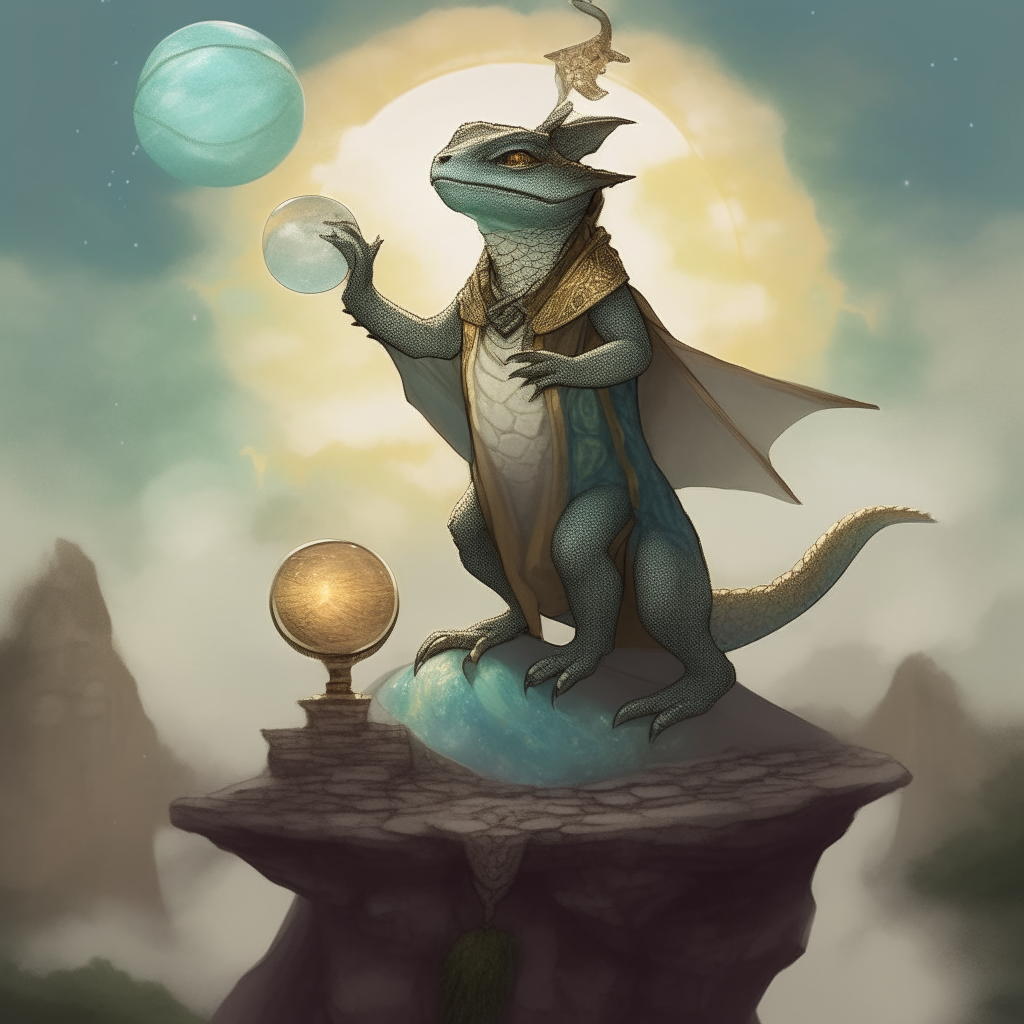 A lizard shaman standing atop a stone altar, holding a staff topped with a crystal ball, gazing into a mystical vision