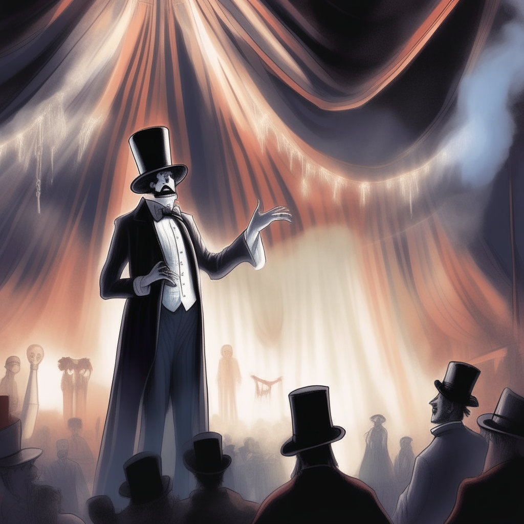 A ringmaster ghost in a top hat calls out to an audience of spirits from beneath a big top tent, wispy figures watching from the stands