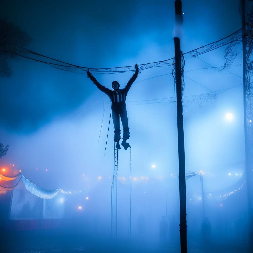 A ghostly circus performer balances on a high wire above a misty carnival ground, illuminated by eerie blue lights