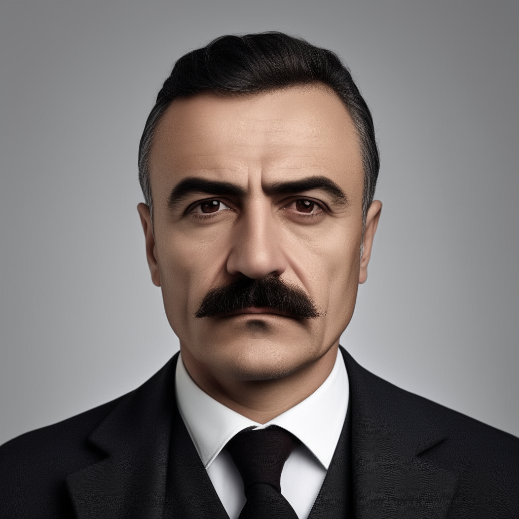 portrait of a Turkish man, aged 40-50, wearing a dark business suit and tie, clean-shaven with a thick black mustache, neutral expression, looking straight at camera, on a plain light gray background