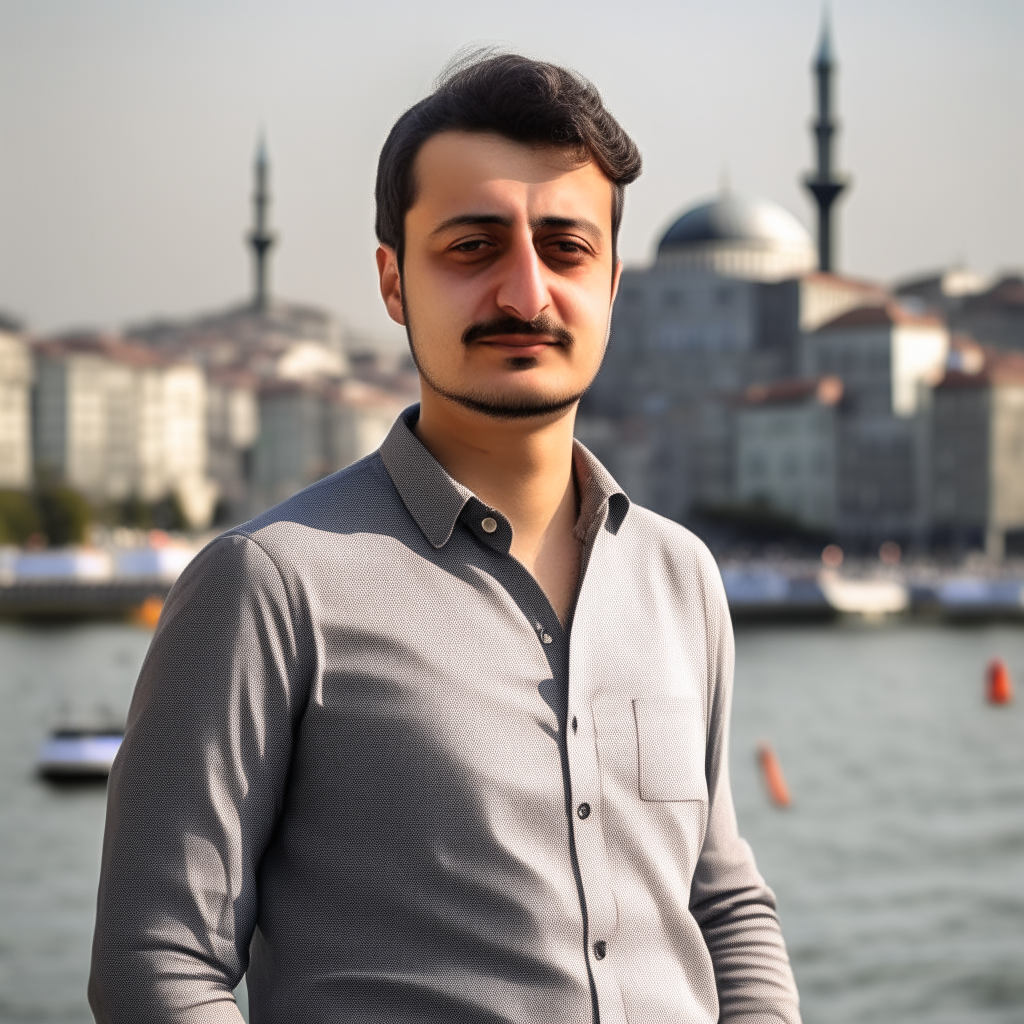 portrait of a young Turkish man aged 25-30, wearing a button-down shirt and slacks, clean-shaven with a thin mustache, neutral expression, standing in front of the Galata Tower on the Bosphorus river in Istanbul, Turkey