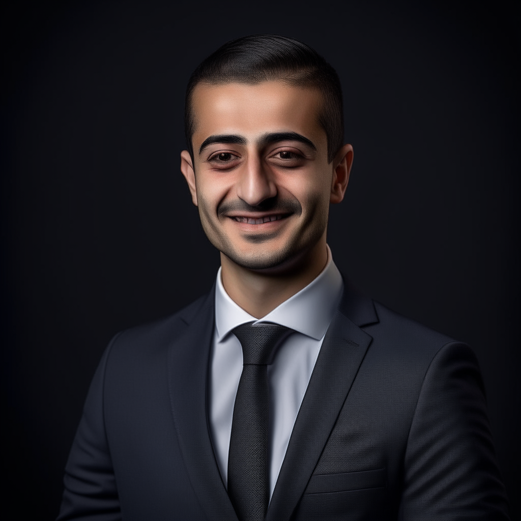 portrait of a handsome Turkish man aged 30-35, wearing a well-tailored dark gray suit, white dress shirt and tie, clean shaven, confident expression and smile, against a plain black background