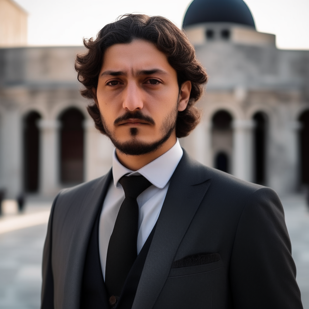 portrait of a handsome Turkish man aged 30, with lightly Mongolian facial features and light brown skin, curly dark brown hair, dark eyes, wearing a well-tailored dark gray suit, standing in front of the Hagia Sophia in Istanbul, Turkey