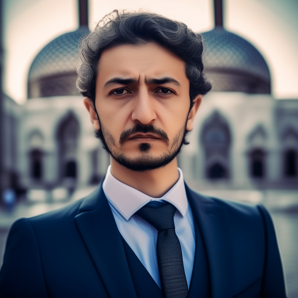 portrait of a handsome Turkish man aged 30, with lightly Mongolian and Russian facial features mixed with Spanish roots, light brown skin, curly dark brown hair, dark eyes, wearing a well-tailored dark gray suit, standing in front of the Blue Mosque in Istanbul with a light Asian noise filter applied