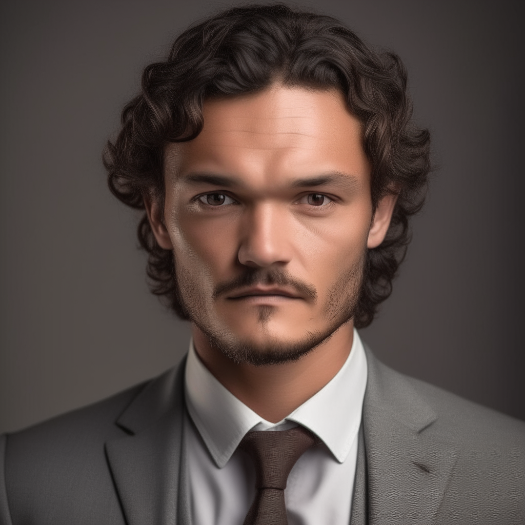 portrait of a handsome man aged 30, with Spanish, Turkish, Russian and Mongolian facial features, dark brown hair with strong curls in the middle and dark eyes, nose slightly Asian in shape, neutral expression, wearing a well-tailored gray suit