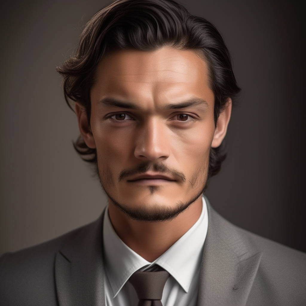 portrait of a handsome man aged 30, with Spanish, Turkish, Russian and Mongolian facial features, dark brown hair with strongly curled middle section and dark eyes, nose and face shape slightly more Asian and fine-featured, neutral expression, wearing a well-tailored gray suit