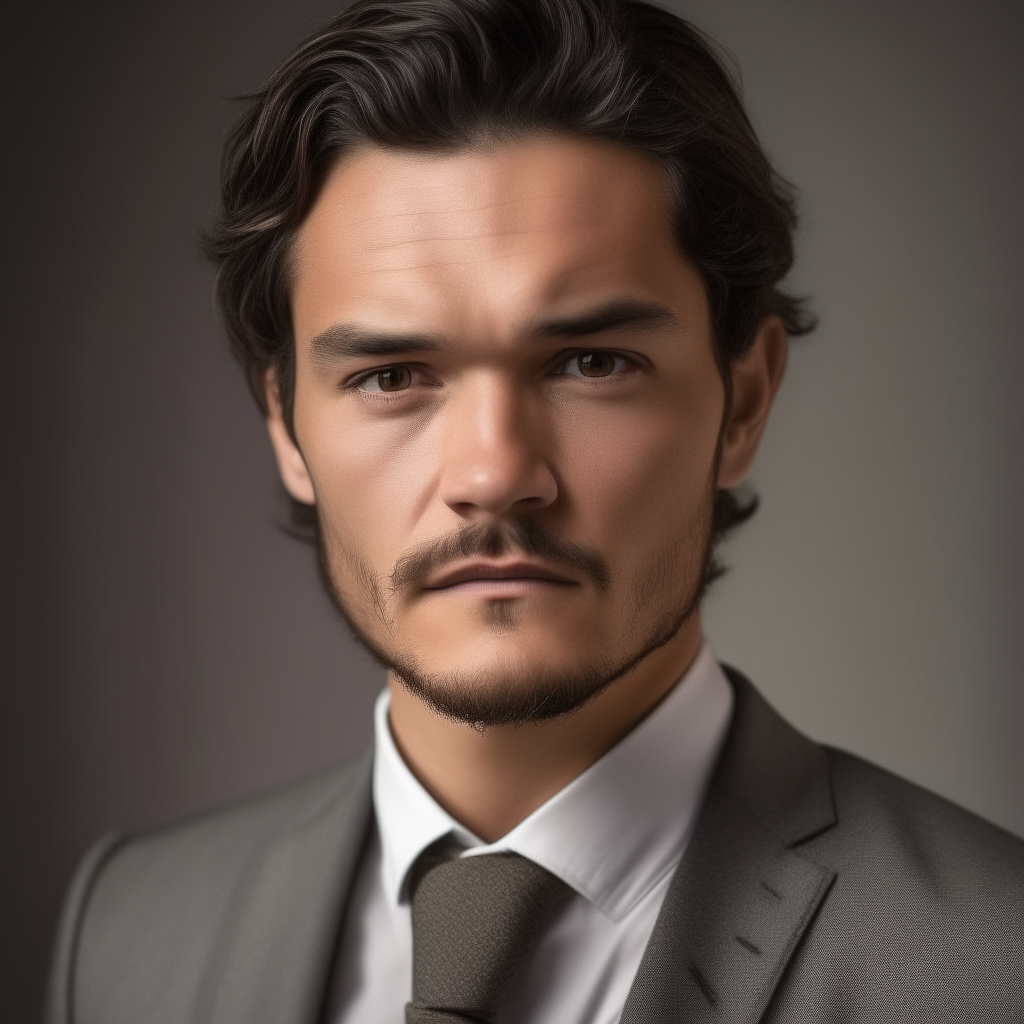 portrait of a handsome man aged 30, with Spanish, Turkish and Russian facial features, dark brown hair strongly curled in middle, dark eyes, nose slightly smaller and less Asian in shape, neutral expression, wearing a well-tailored gray suit