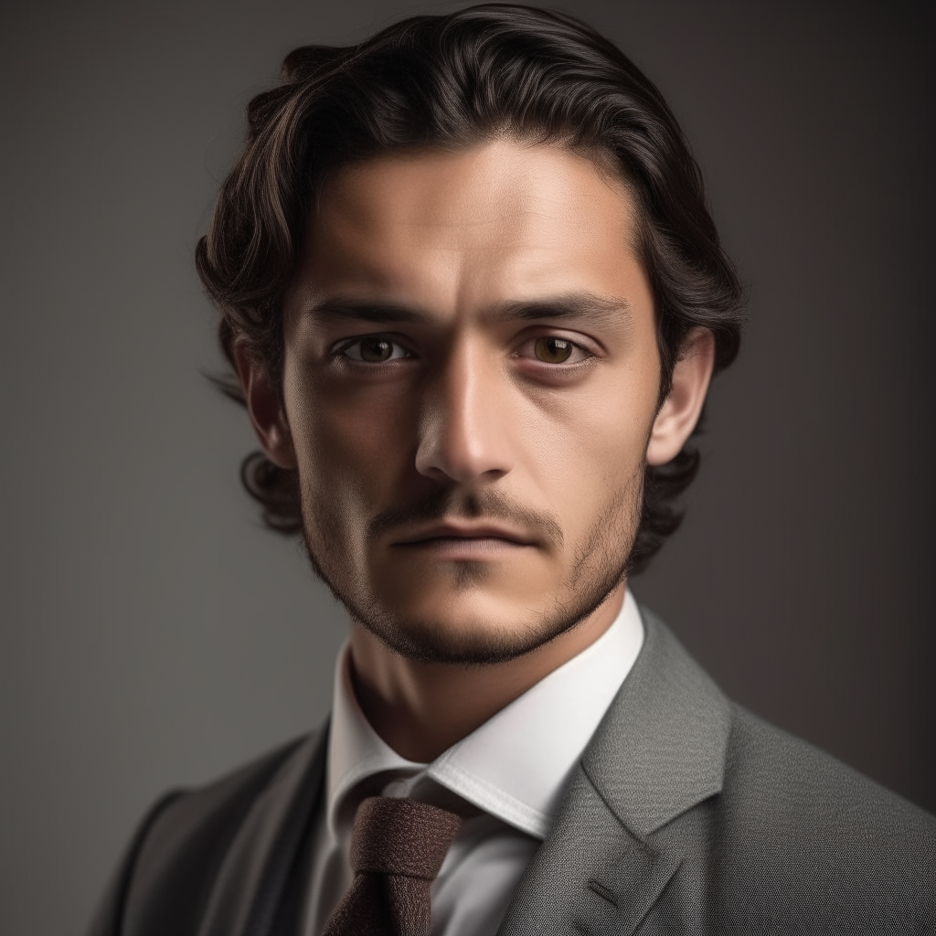 portrait of a handsome man aged 30, with Spanish and Turkish facial features, dark brown hair with strongly curled sections, dark eyes, round face shape, neutral expression, wearing a well-tailored gray suit