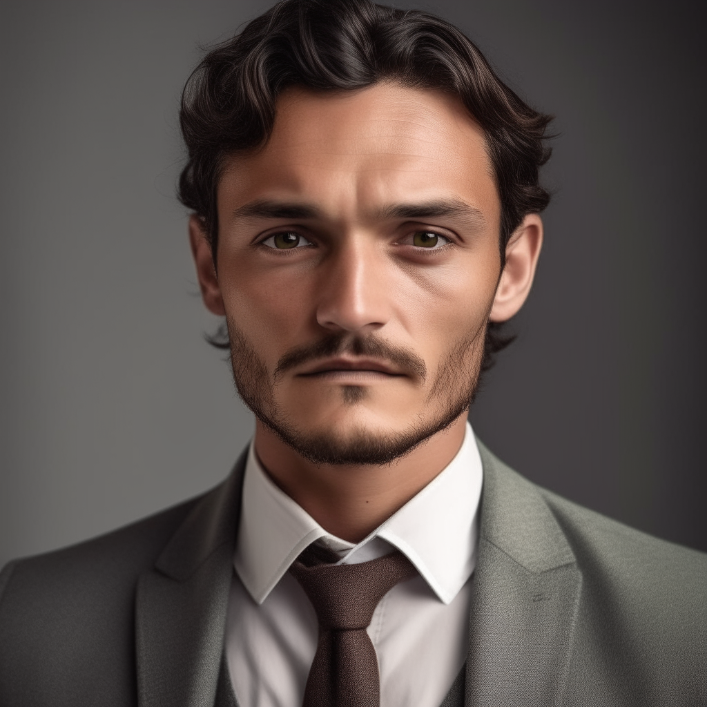 portrait of a handsome man aged 30, with Spanish and Turkish facial features, dark brown hair strongly curled, hazel eyes, long broad face shape, smaller forehead, neutral expression, wearing a well-tailored gray suit