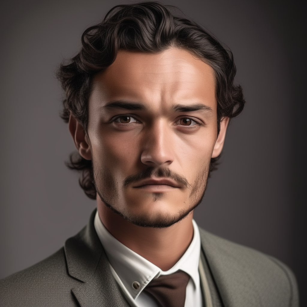 portrait of a handsome man aged 30, with Spanish and Turkish facial features, dark brown hair strongly curled, hazel eyes, round face with fuller cheeks and wider jawbones than forehead, neutral expression, wearing a well-tailored gray suit