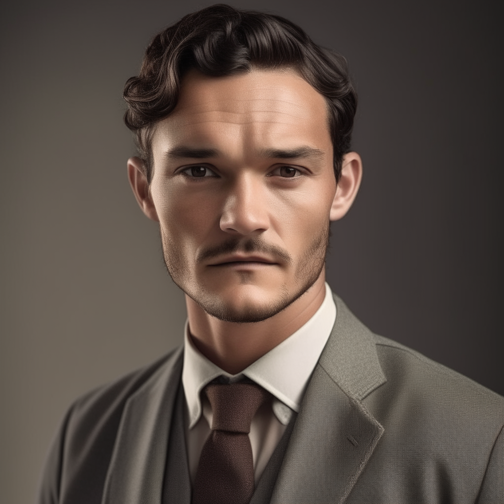 portrait of a handsome man aged 30, with Spanish and Turkish facial features, dark brown hair strongly curled, hazel eyes, oval face shape with longer upper face, fuller cheeks, wider jawline than less wide forehead, neutral expression, wearing a well-tailored gray suit