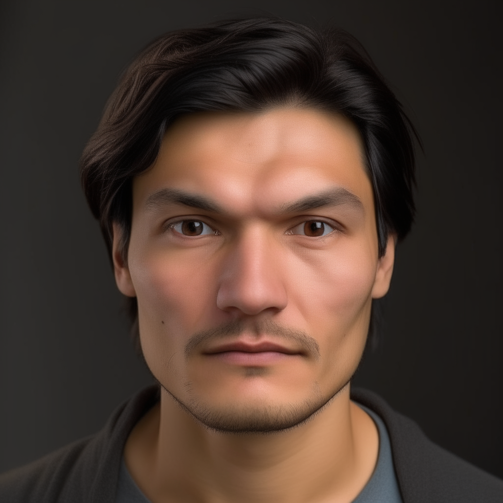 portrait of a handsome man aged 30, with Greek, Mongolian, Turkmen and Russian facial features mixed, oval face shape, small almond eyes, strongly curled dark brown hair and dark brown eyes, lightly tanned skin, neutral expression, no background