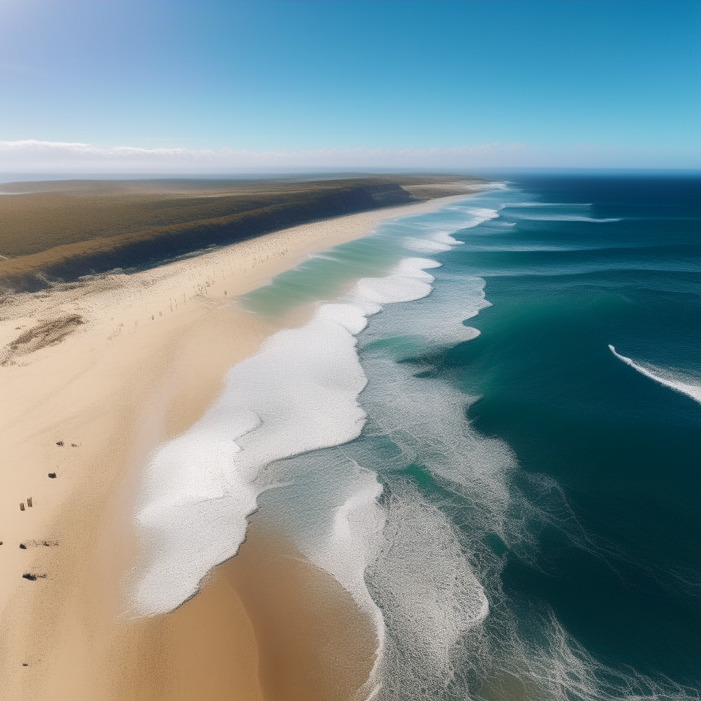 A scenic coastal view from above, with a long sandy shoreline meeting calm ocean waves under a bright sunny sky