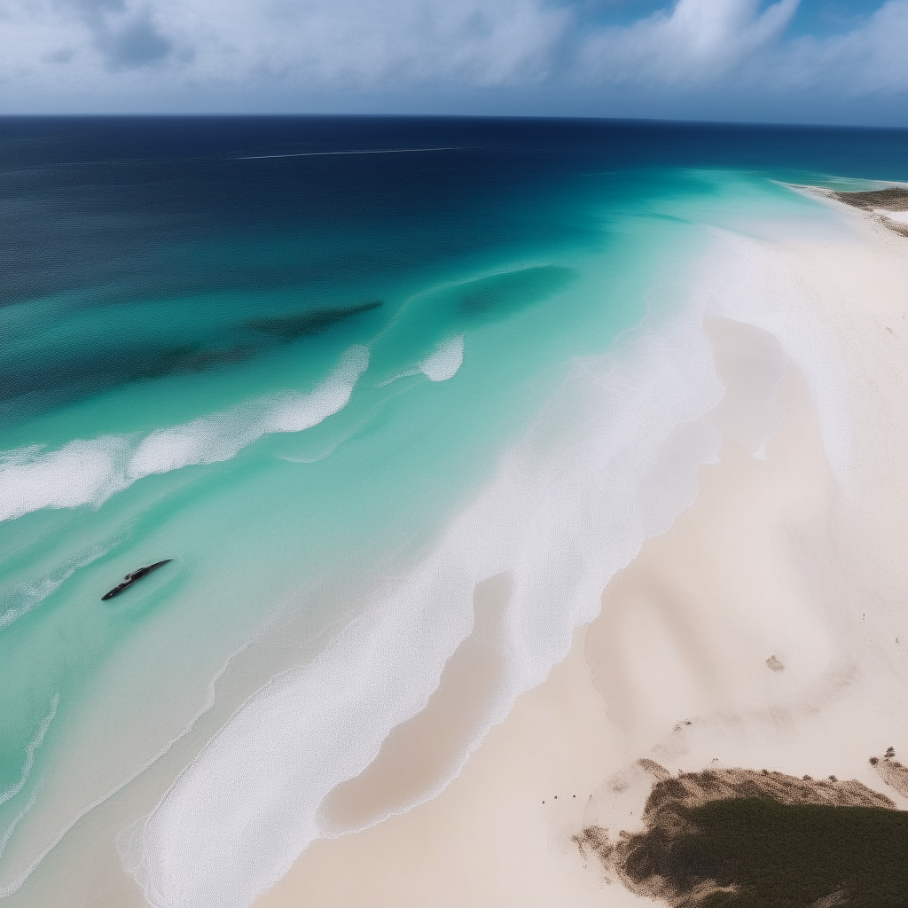 An aerial view of a beach with clear blue water under scattered white clouds