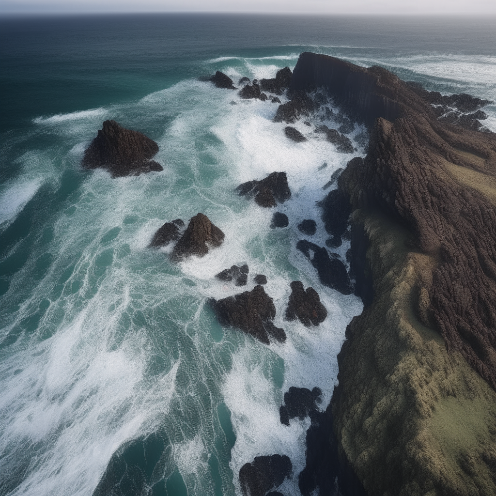 An aerial view of a rocky coastline meeting the ocean, with waves crashing against jagged cliffs