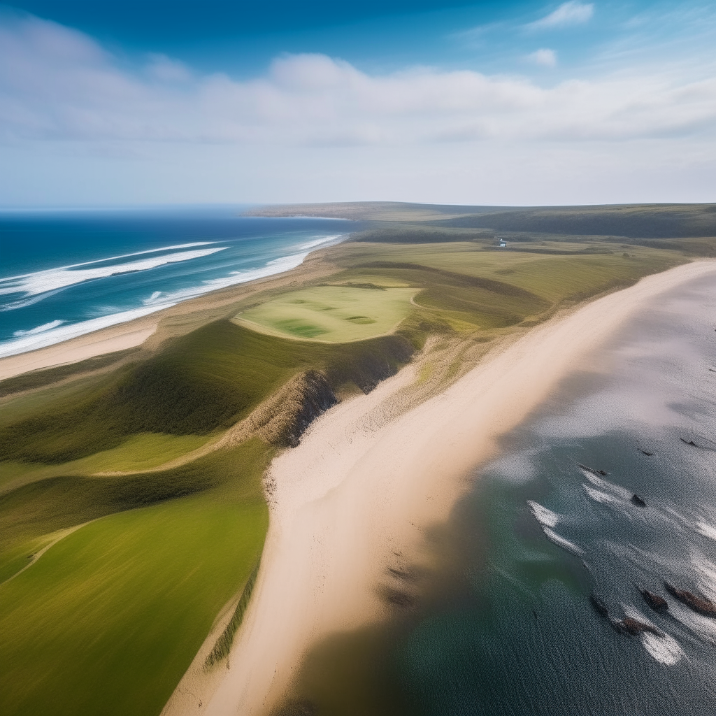 A scenic coastal panorama from above, with a wide sandy beach giving way to grassy dunes, rolling hills and a distant lighthouse by the sea