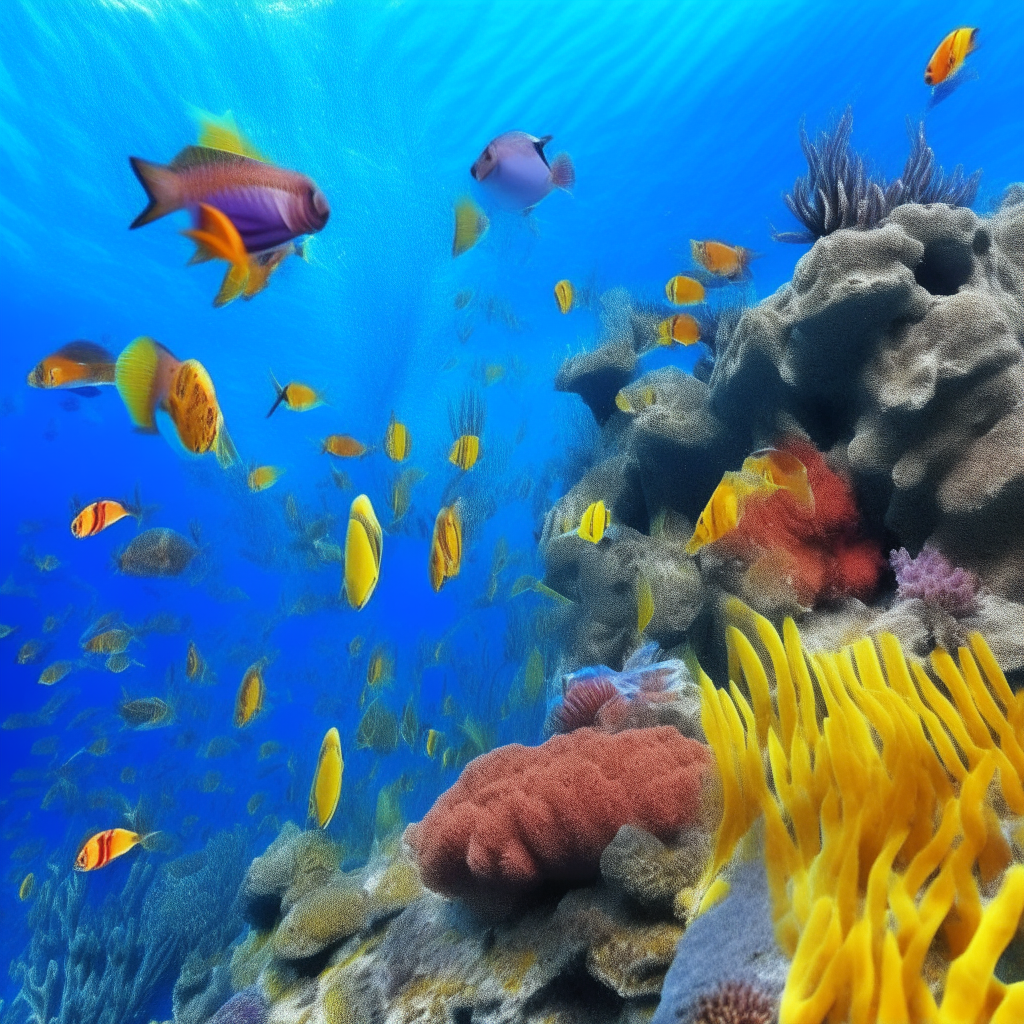 Schools of brightly colored tropical fish swimming among coral reefs in clear blue waters