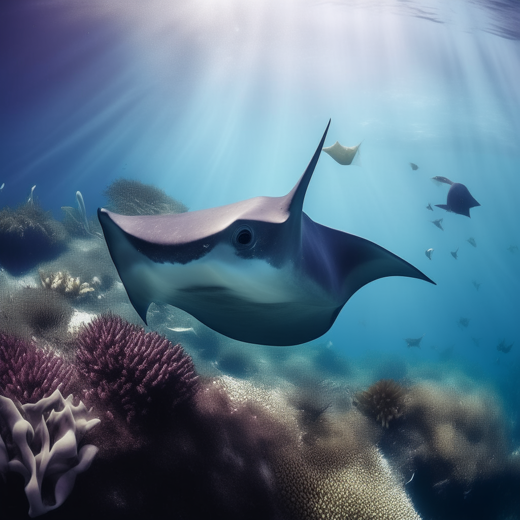 A large manta ray gliding gracefully past underwater plants and rocks on the ocean floor