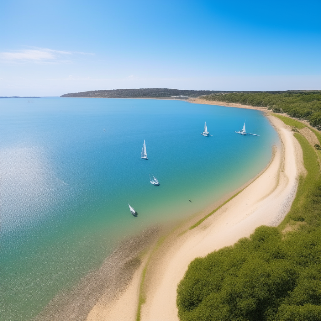 A scenic coastal view from above on a sunny afternoon, with sailboats dotting a calm blue ocean near a long sandy beach