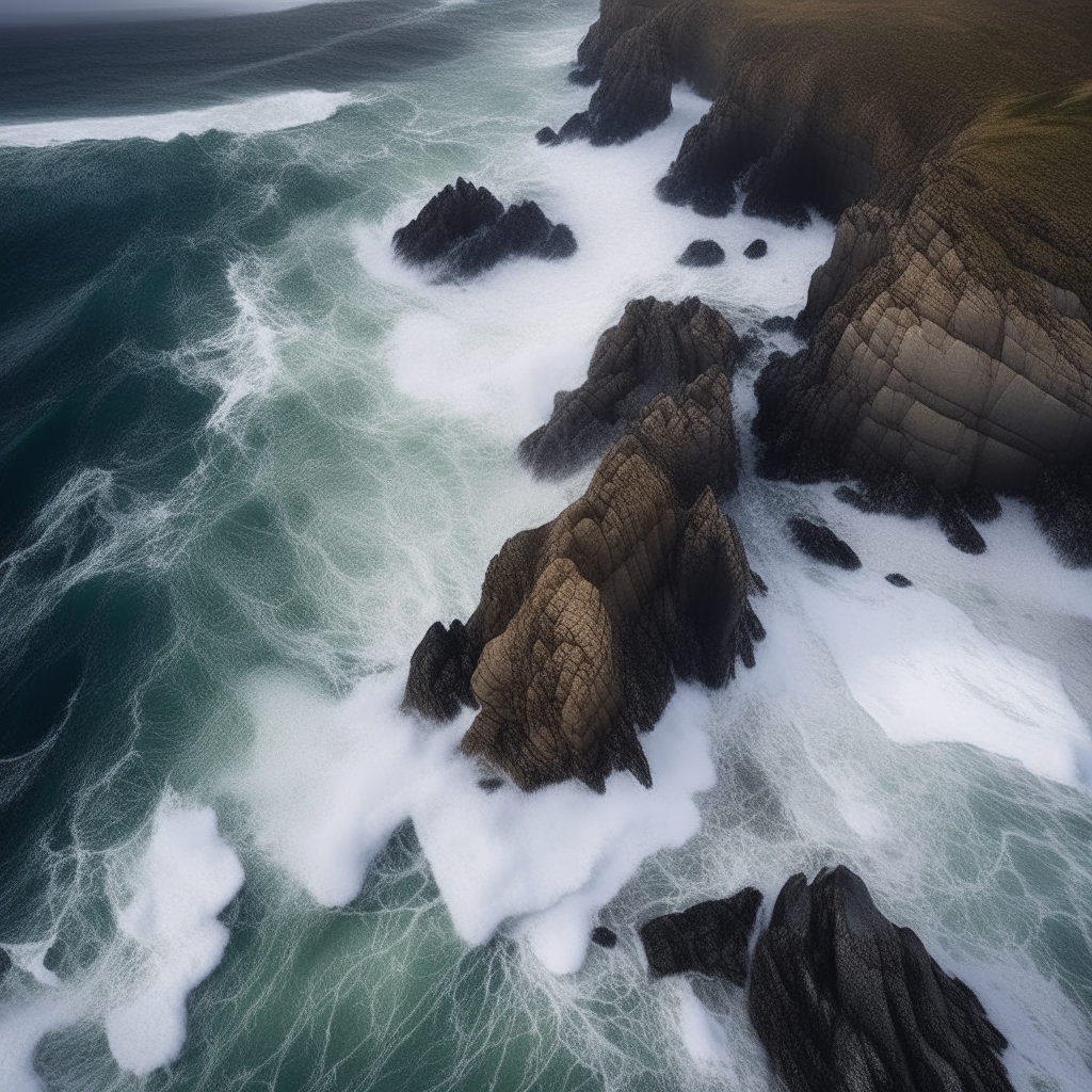 An aerial perspective of rocky cliffs meeting the shore, with crashing waves and seagulls circling over the ocean spray